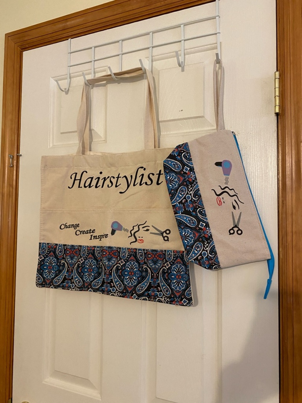 Hairstylist Canvas Tote Bag with Paisley Trim - Beige and Blue